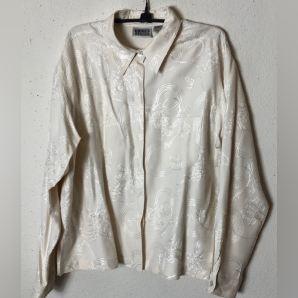 Chico's Design SILK Embroidered Blouse Long Sleeve Button Up L